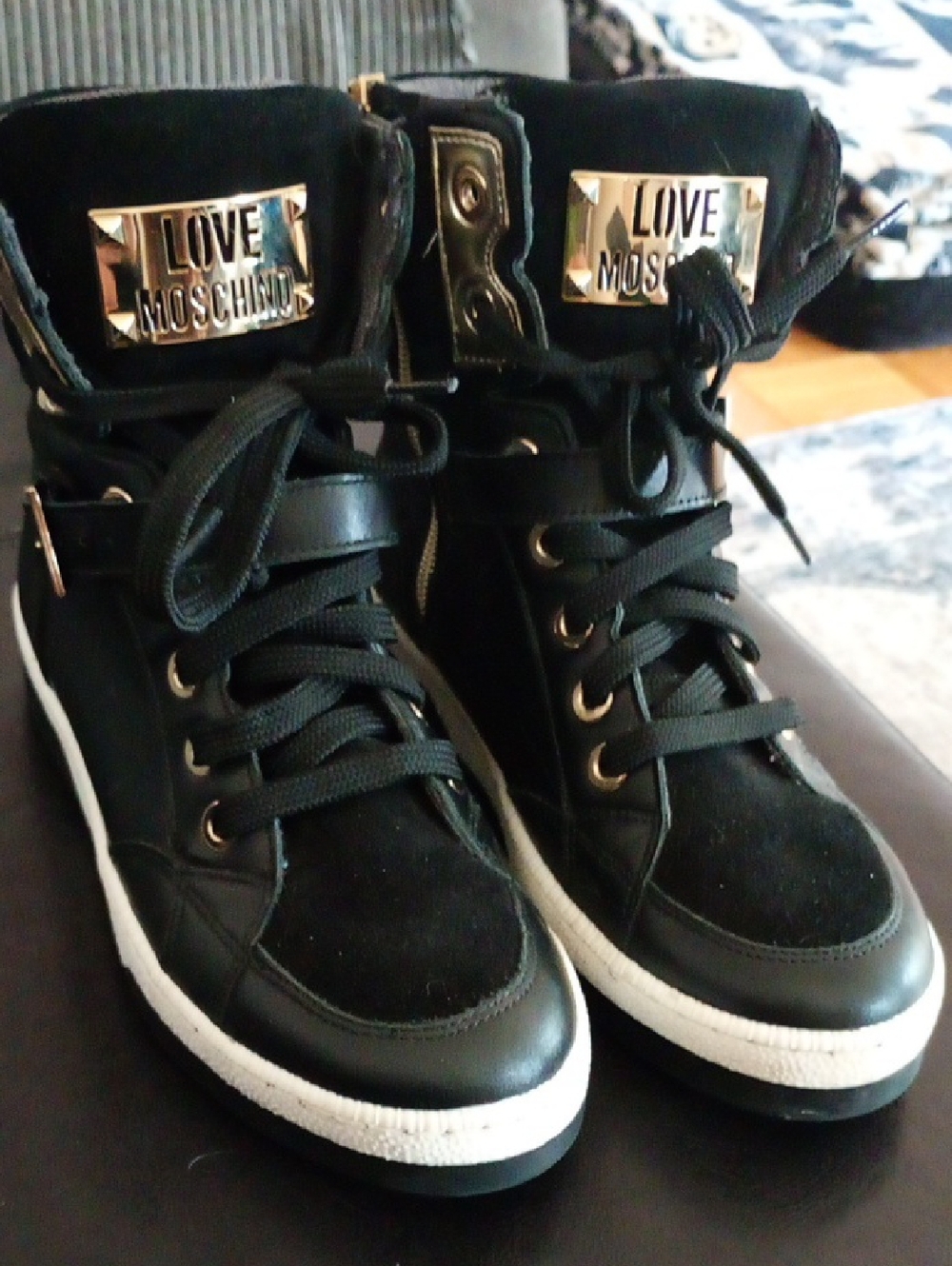 Moschino Black High-Top Sneakers with Gold Logo Plaques